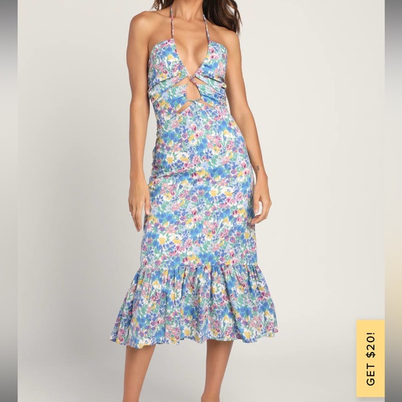 Lulus Dresses & Skirts - Blue Floral Drawstring Halter Midi Dress